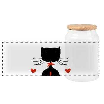 black cat - Panoramic Cookie Jar with Wooden Lid - white - Front