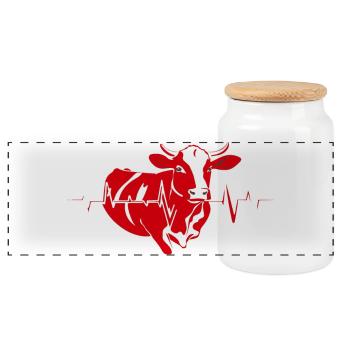 Red cow with heartbeat line - Panoramic Cookie Jar with Wooden Lid - white - Front