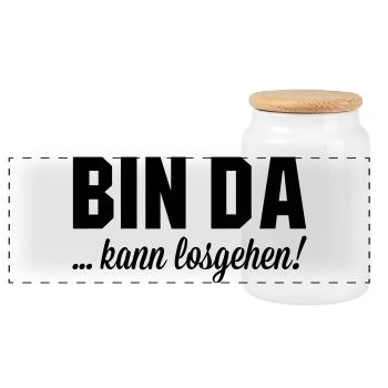 Bin da kann losgehen - Panorama Keksdose mit Holzdeckel - Weiß - Vorne