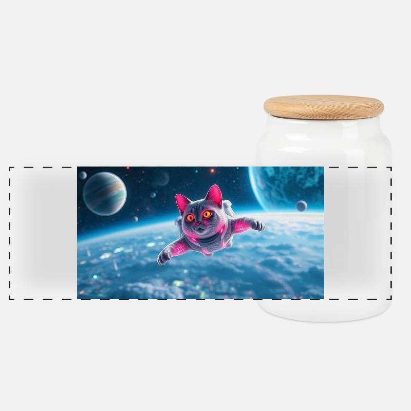 Katze Astronaut - Panorama Keksdose mit Holzdeckel - Weiß