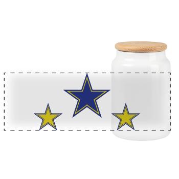 Abstract Star Patterns in Yellow and Blue - Panoramic Cookie Jar with Wooden Lid - white - Front