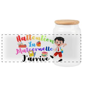 Attention la maternelle t-shirt enfant rentrée - Boîte à biscuits avec couvercle en bois - blanc - Devant