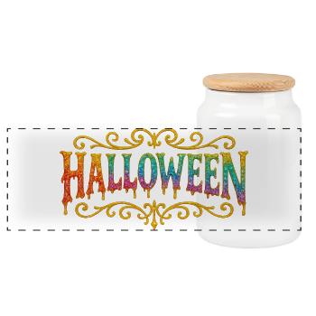 Farbglitzer Halloween Schrift - Panorama Keksdose mit Holzdeckel - Weiß - Vorne