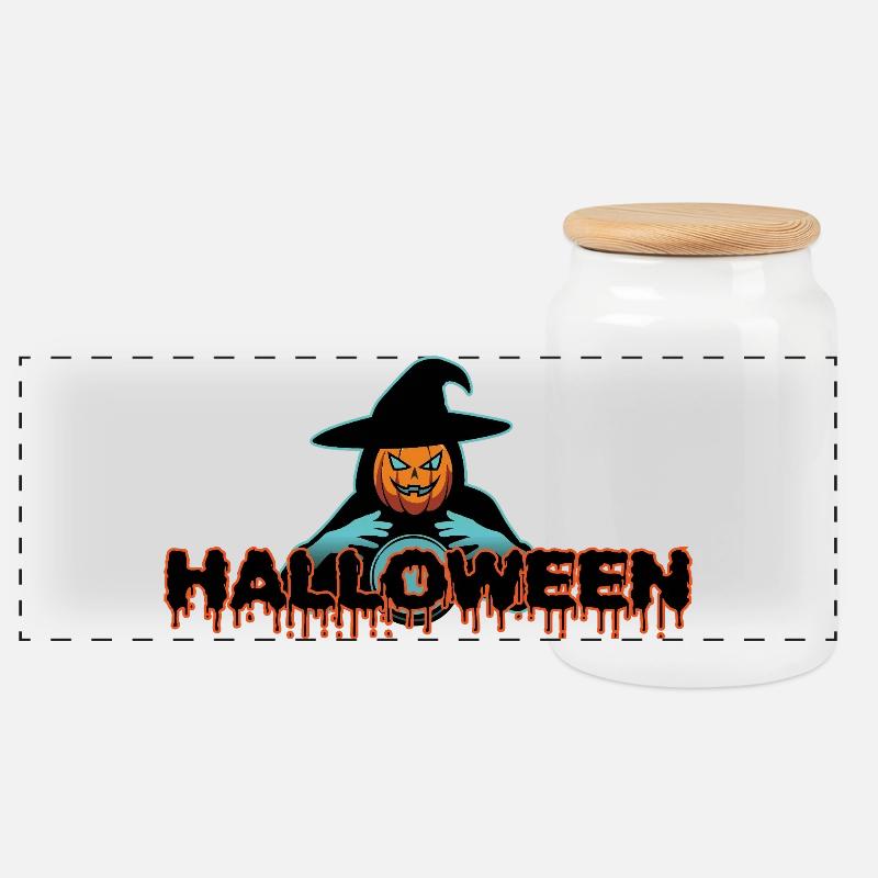 Pumpkin Witch Fluid Halloween - Panoramic Cookie Jar with Wooden Lid - white