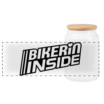 Bikerin inside Schriftzug (Farben änderbar) - Panorama Keksdose mit Holzdeckel - Weiß - Vorne