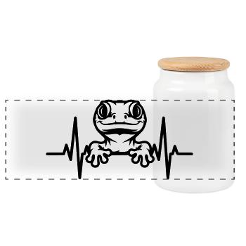 Gecko mit Herzschlag – Lustiges Amphibienmotiv - Panorama Keksdose mit Holzdeckel - Weiß - Vorne