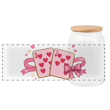 Valentine Spielkarten 6 7 six seven Niedlich Herz - Panorama Keksdose mit Holzdeckel - Weiß - Vorne