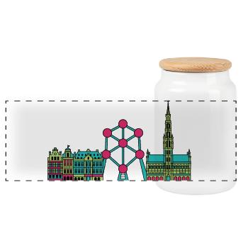 Brussels City Skyline Atomium Modern Line Art - Panoramic Cookie Jar with Wooden Lid - white - Front