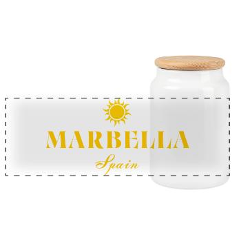 Marbella Sun Logo Spanien - Panorama Keksdose mit Holzdeckel - Weiß - Vorne