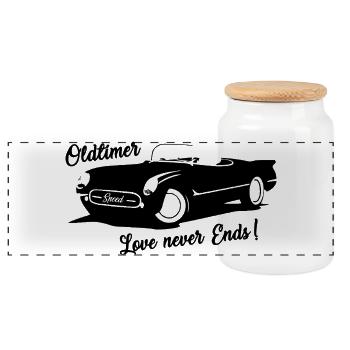 Voiture vintage - L’amour ne finit jamais - Voiture avec lettrage - Boîte à biscuits avec couvercle en bois - blanc - Devant
