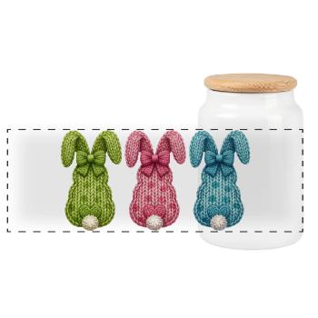 Ostern Drei Osterhasen von hinten in einer Reihe  - Panorama Keksdose mit Holzdeckel - Weiß - Vorne