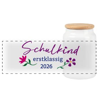 Schulkind Erstklassig 2026  - Panorama Keksdose mit Holzdeckel - Weiß - Vorne