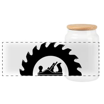 Carpenter Saw Blade Planer Logo - Panoramic Cookie Jar with Wooden Lid - white - Front