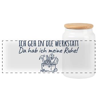Werkstatt Da hab ich meine Ruhe Handwerker - Panorama Keksdose mit Holzdeckel - Weiß - Vorne