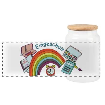 Schulstart Regenbogen  - Panorama Keksdose mit Holzdeckel - Weiß - Vorne