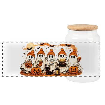 Halloween trick or treet ghosts - Panoramic Cookie Jar with Wooden Lid - white - Front