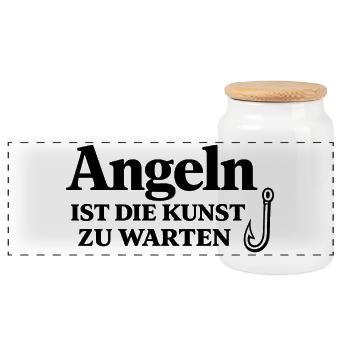 Angeln ist die Kunst zu warten – Angelhaken Spruch - Panorama Keksdose mit Holzdeckel - Weiß - Vorne