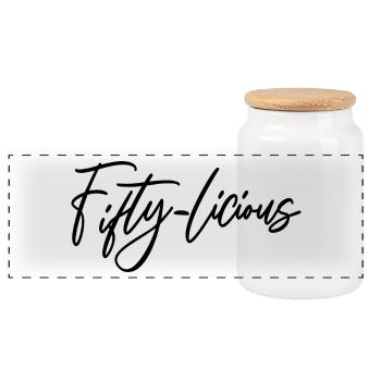 Fifty-Licious Funny 50th Birthday Party Men Women - Panoramic Cookie Jar with Wooden Lid - white - Front