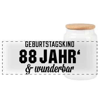 Geburtstagskind 88 wunderbar - Panorama Keksdose mit Holzdeckel - Weiß - Vorne