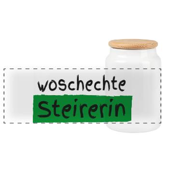 Woschechte Steirerin, Steiermark, Mundart, Dialekt - Panorama Keksdose mit Holzdeckel - Weiß - Vorne