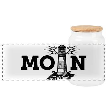 Moin (Typo/Leuchtturm - Panorama Keksdose mit Holzdeckel - Weiß - Vorne