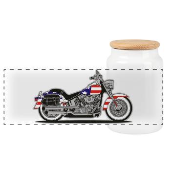 American Patriot Motorcycle with Flag - Panoramic Cookie Jar with Wooden Lid - white - Front