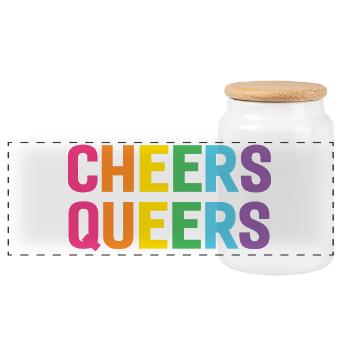 LGBTQ Cheers Queers - Panoramic Cookie Jar with Wooden Lid - white - Front