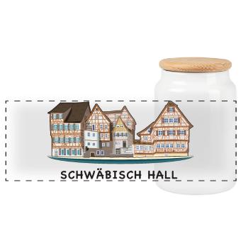 Schwäbisch Hall, Southern Germany, Drawing - Panoramic Cookie Jar with Wooden Lid - white - Front