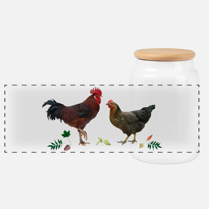 Coq et poulet - Boîte à biscuits avec couvercle en bois - blanc