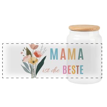 Mama ist die Beste! Blumen, bunt, personalisierbar - Panorama Keksdose mit Holzdeckel - Weiß - Vorne