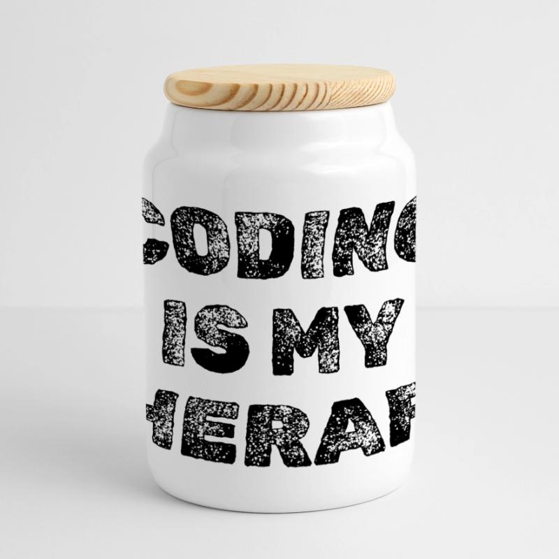 Coding Is My Therapy Developer Saying Panoramic Cookie Jar with Wooden Lid