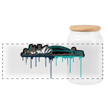 Sydney Skyline Neon-Tropfen Druck - Panorama Keksdose mit Holzdeckel - Weiß - Vorne