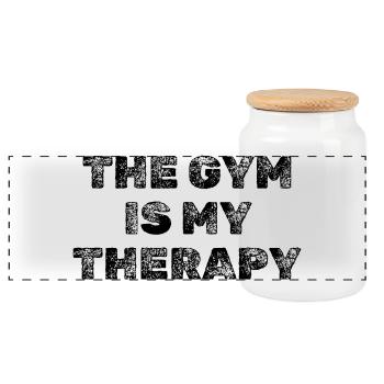 Gym Is My Therapy – Hardcore Fitness Motivation - Panoramic Cookie Jar with Wooden Lid - white - Front