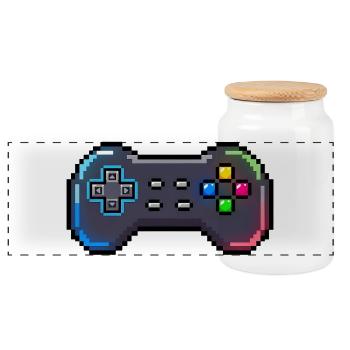 Retro Gamepad Neon Pixel Style - Panoramic Cookie Jar with Wooden Lid - white - Front