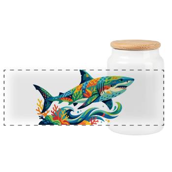 Colorful Underwater Colors Art Mosaic Shark Motif - Panoramic Cookie Jar with Wooden Lid - white - Front