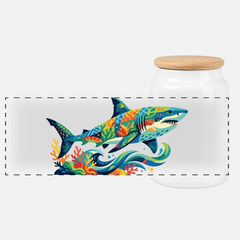Motif de mosaïque de requin en couleurs sous-marines colorées - Boîte à biscuits avec couvercle en bois - blanc