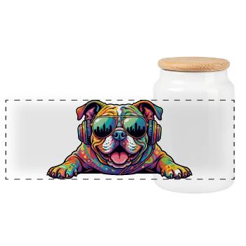 Colorful bulldog with sunglasses and headphones - Panoramic Cookie Jar with Wooden Lid - white - Front