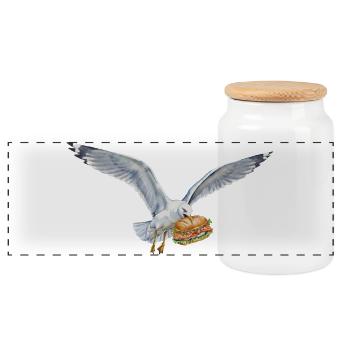 Mouette drôle vole un rouleau de poisson sur la plage - Boîte à biscuits avec couvercle en bois - blanc - Devant