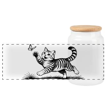 Un chat jouant avec un papillon - Boîte à biscuits avec couvercle en bois - blanc - Devant