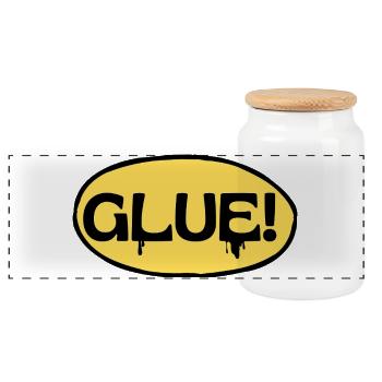 Glue! Gelbes Klebe-Logo - Panorama Keksdose mit Holzdeckel - Weiß - Vorne