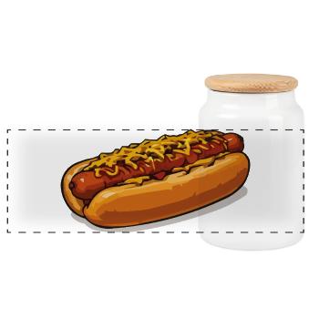 Käseüberzogenes Hotdog-Illustration - Panorama Keksdose mit Holzdeckel - Weiß - Vorne