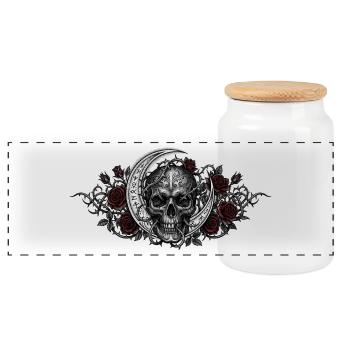 Gotischer Totenkopf / Schädel, Mond, Rote Rosen - Panorama Keksdose mit Holzdeckel - Weiß - Vorne