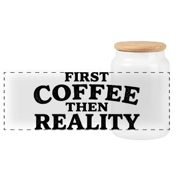 First Coffee Then Reality Coffee Lover Humor Desig - Panorama Keksdose mit Holzdeckel - Weiß - Vorne