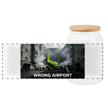 Wrong Airport - Funny Aviation Meme - Panoramic Cookie Jar with Wooden Lid - white - Front