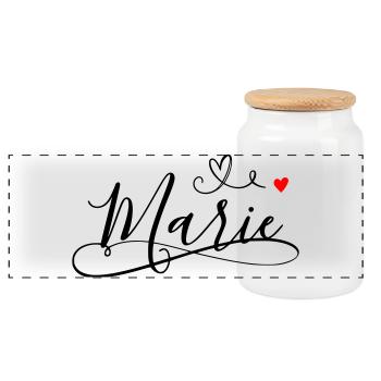 Nom de famille Marie prénom avec décoration en cœur - Boîte à biscuits avec couvercle en bois - blanc - Devant