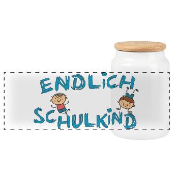 Endlich Schulkind  bunter Schulstart - Panorama Keksdose mit Holzdeckel - Weiß - Vorne