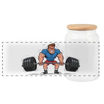 Comic Weightlifter – Strong Man Training - Panoramic Cookie Jar with Wooden Lid - white - Front