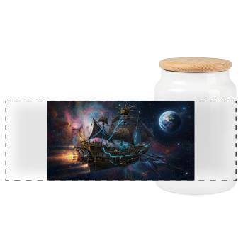 Steampunk Space Ship in Deep Space - Panoramic Cookie Jar with Wooden Lid - white - Front