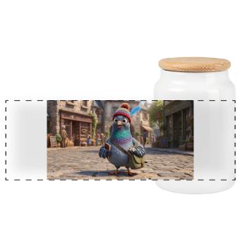 Traveler Pigeon in Beanie exploring European Town - Panoramic Cookie Jar with Wooden Lid - white - Front