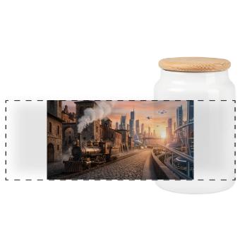 Time Travel: Retro Steam Train and Futuristic City - Panoramic Cookie Jar with Wooden Lid - white - Front